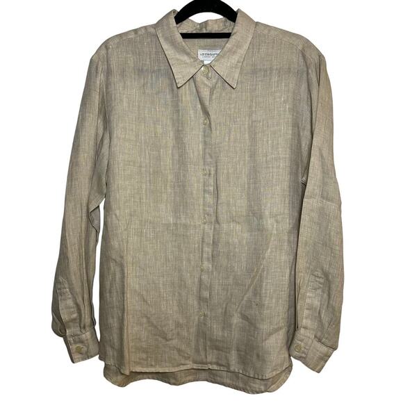 Liz Claiborne 100% Linen Blouse Button Up Top Beige Brown Medium Petite Collared - Picture 1 of 9